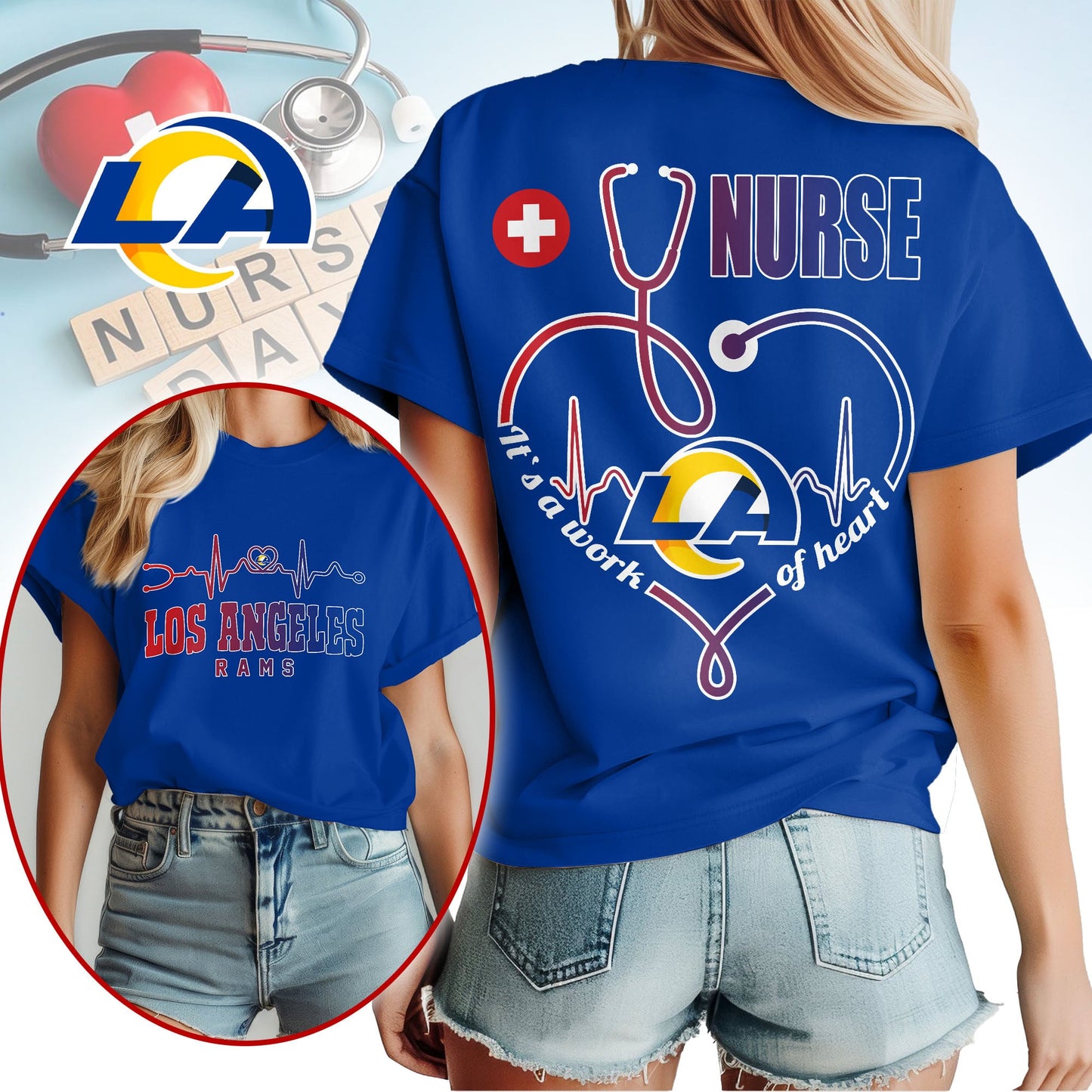 Los Angeles Rams | Premium NFL Nurse Heartbeat 3D T-Shirt NTH1 | TA94