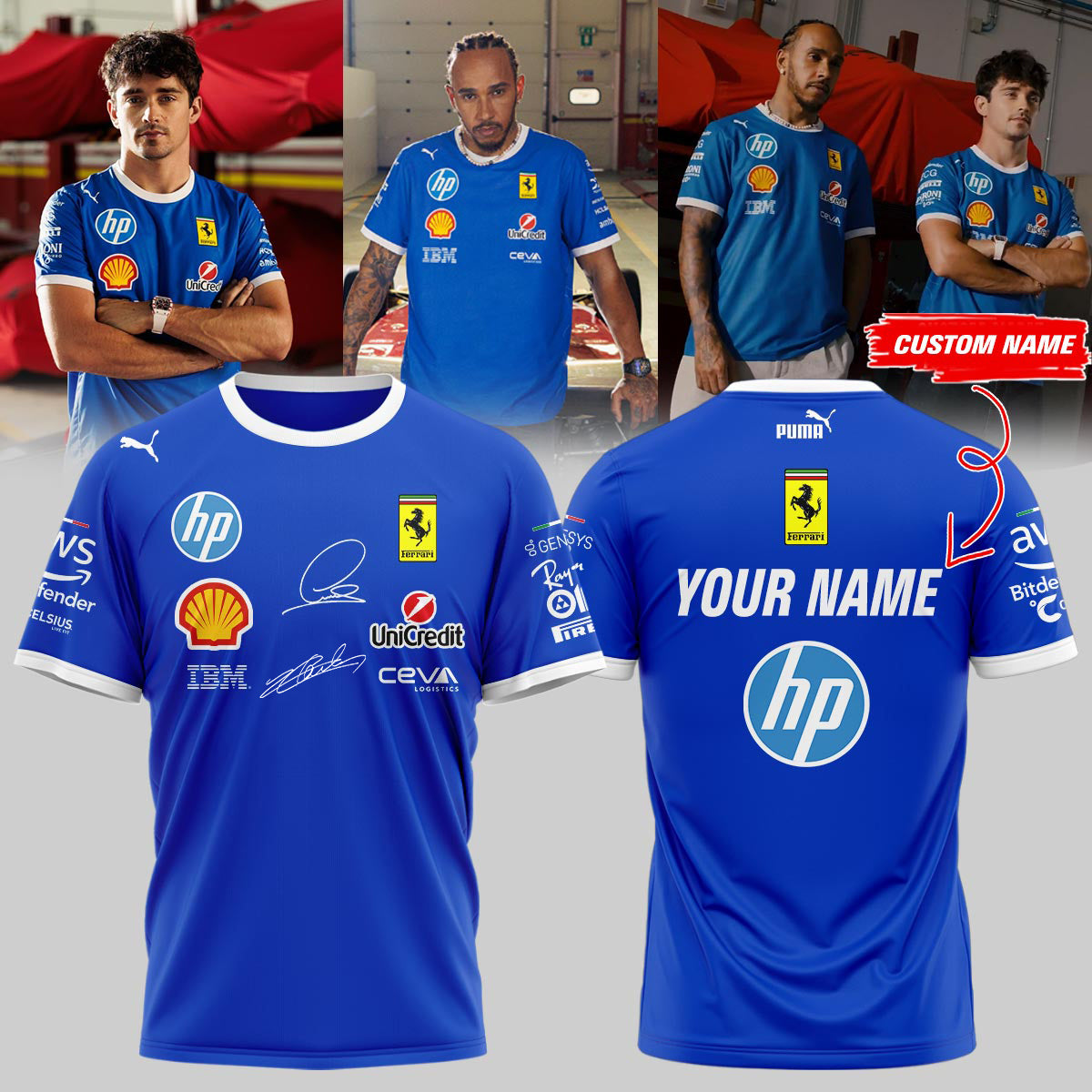 ,Scuderia Ferrari Signature Lewis Hamilton & Charles Leclerc - Tshirt&Cap (Custom Name). | WK41