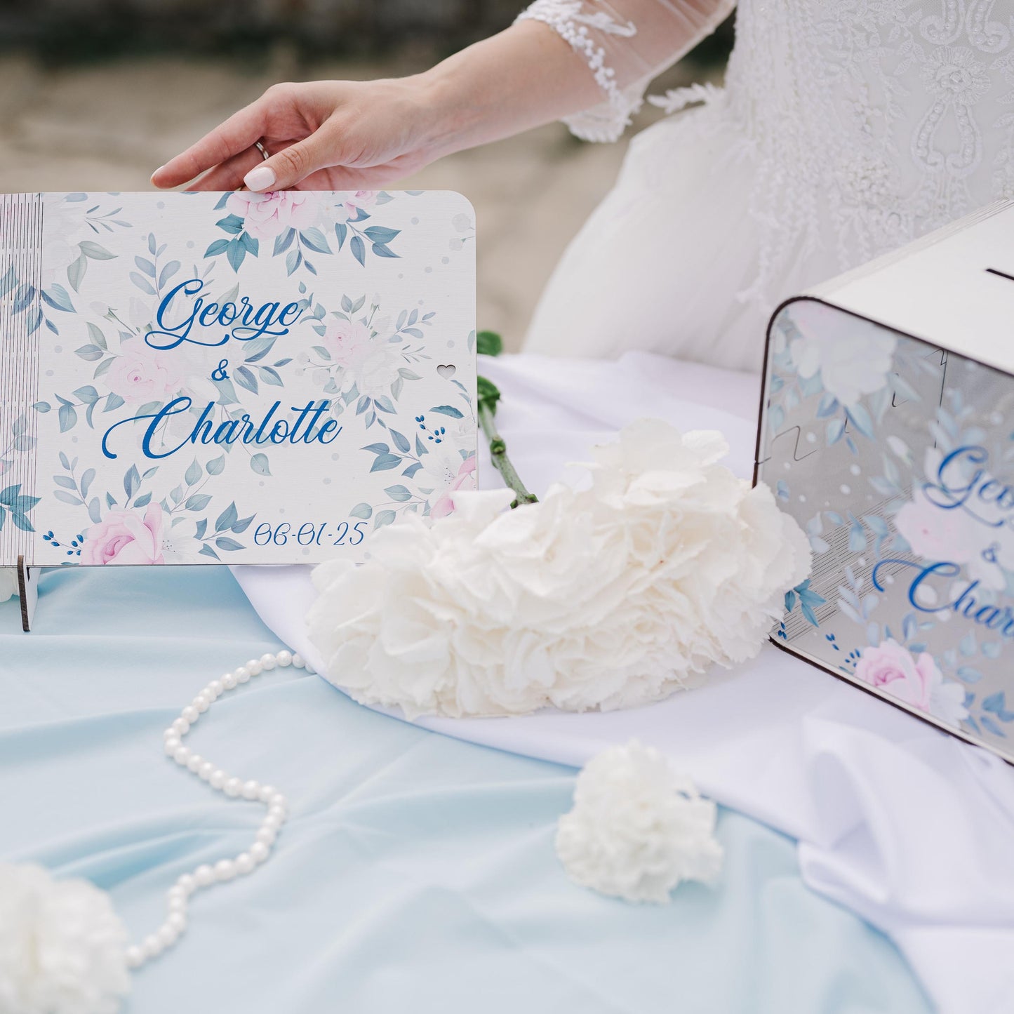 Personalized Floral Wedding Card Box: Blue & White Regency Style Decor