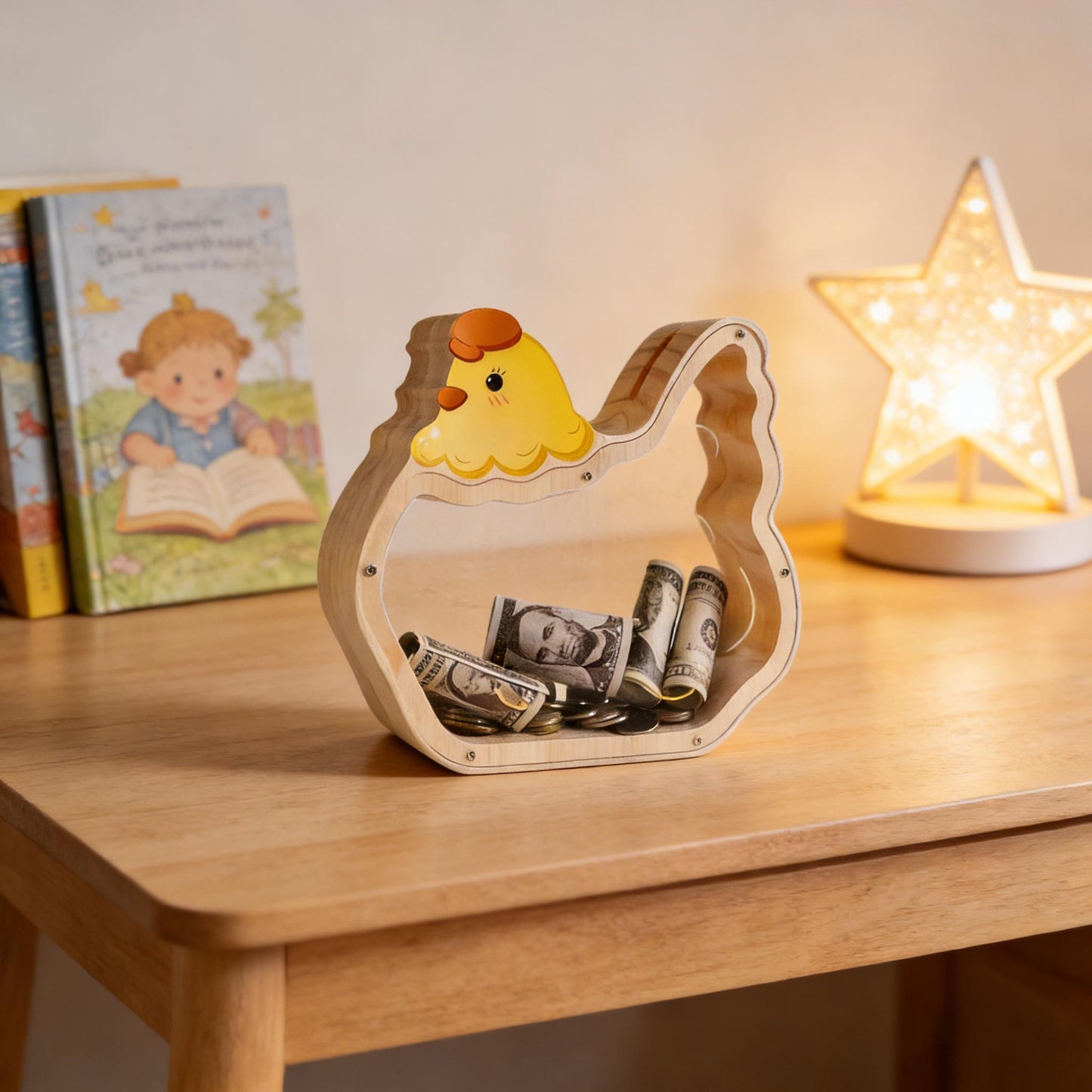 Handmade Wooden Chicken Piggy Bank, Kids Coin Box