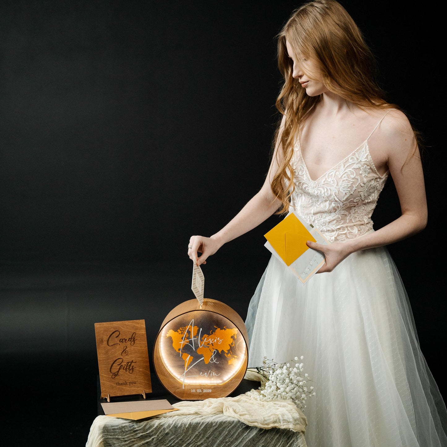 Personalized Wedding Card Box: World Map Travel Theme, Acrylic Envelope Holder, Names & Date