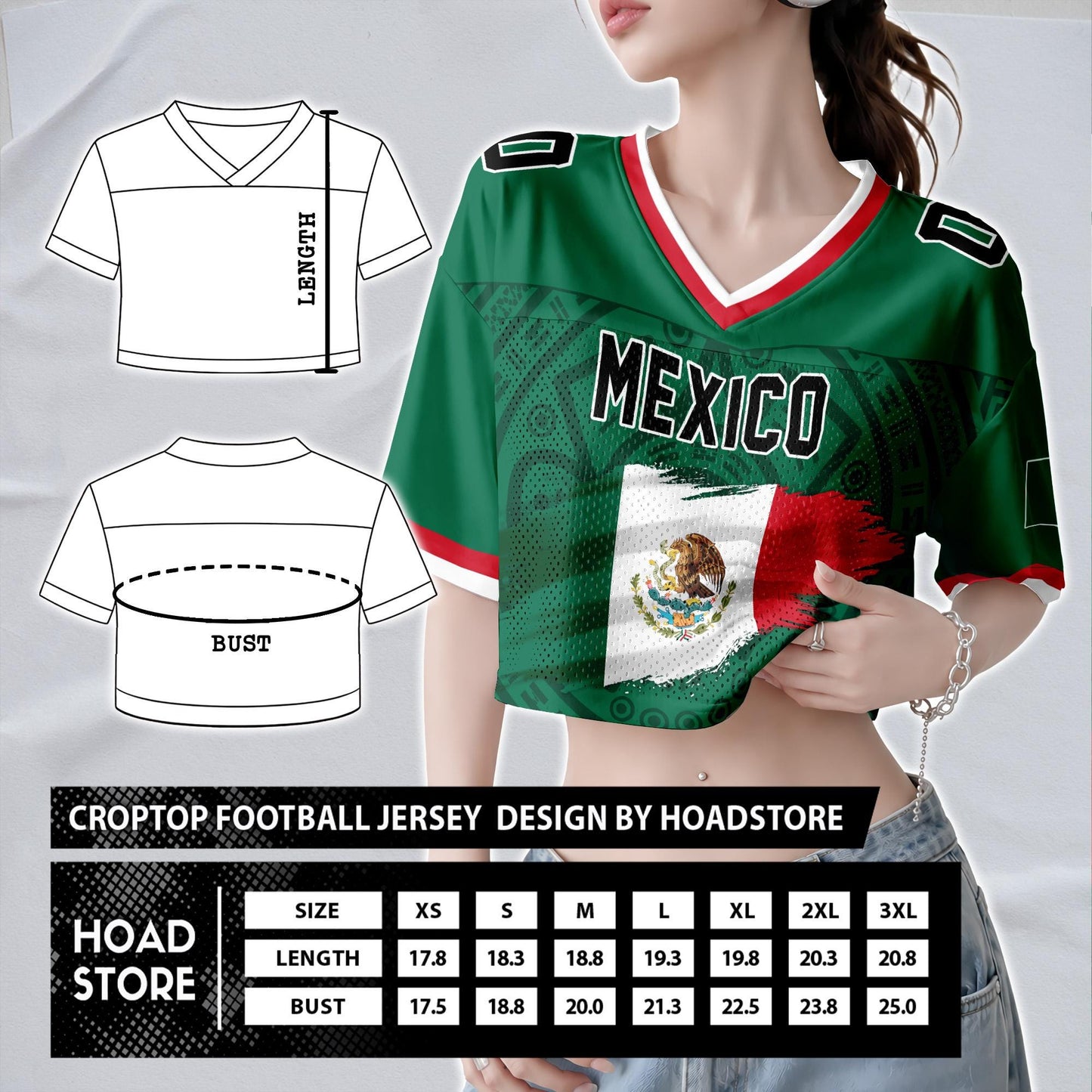 Custom Mexico Football Jersey for Women, Personalized Glitter Printed Name Number Mesh Crop Top, Green White Soccer Jersey, Mexican Shirt | VJ11