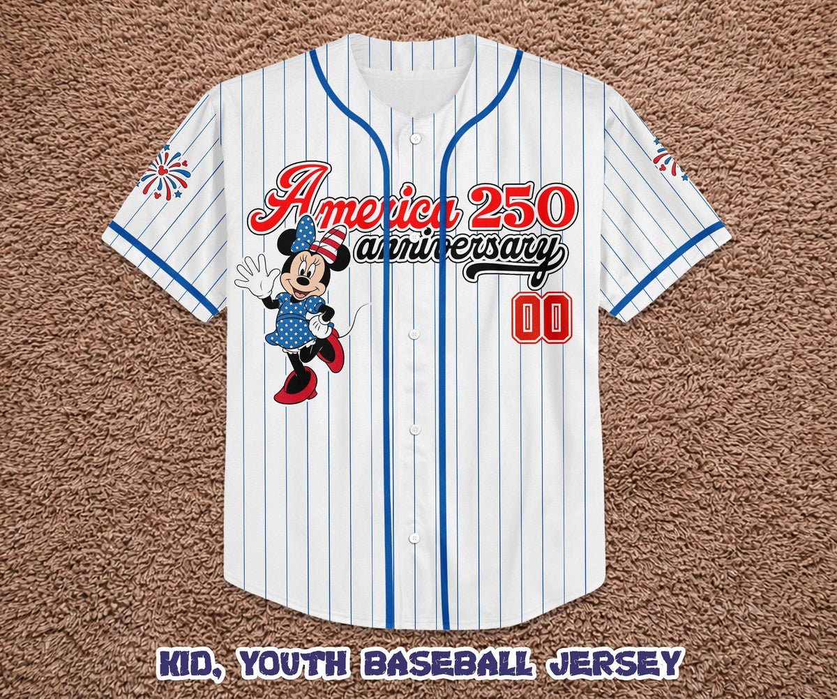 Custom America 250th Anniversary Baseball Jersey, Personalized Minnie Mouse Patriotic Shirt, 4th of July Disney Family Trip Outfit | JL76