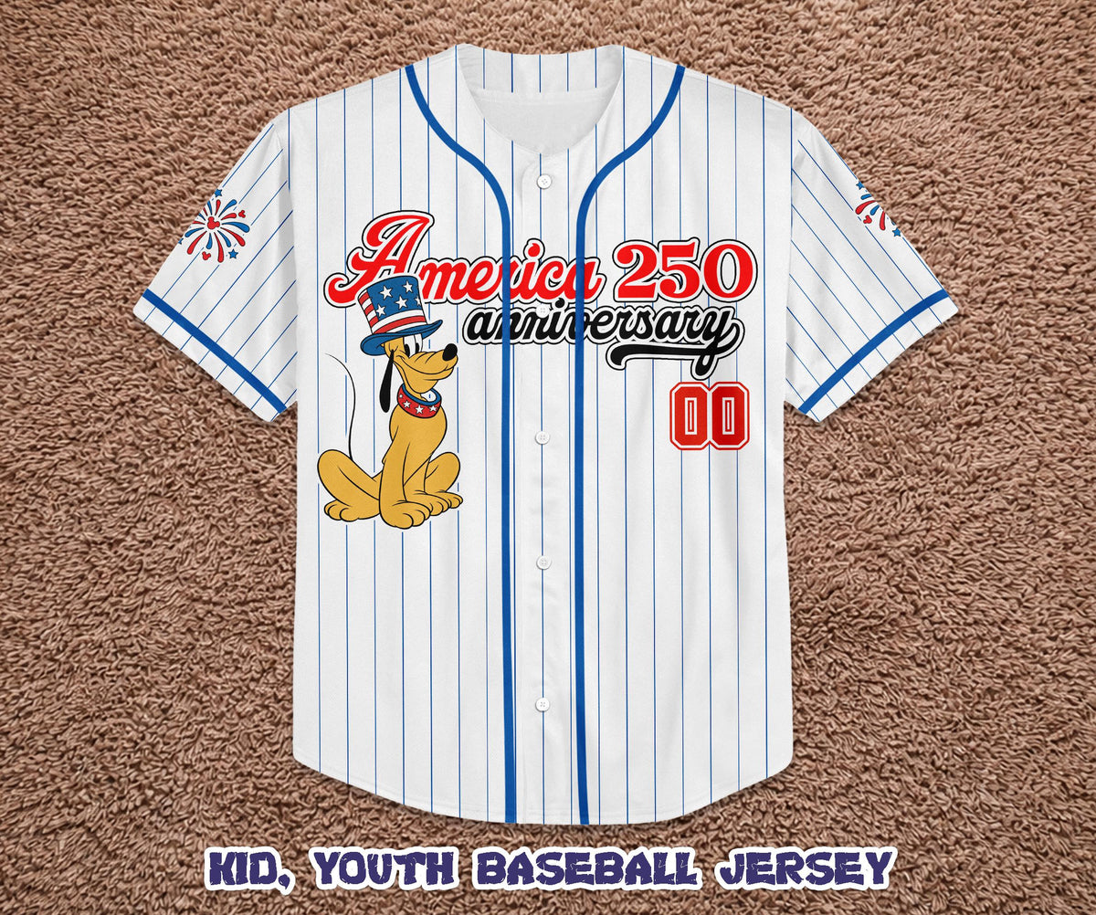 Custom America 250th Anniversary Baseball Jersey, Personalized Pluto Dog Patriotic Shirt, 4th of July Disney Family Trip Outfit | TZ84