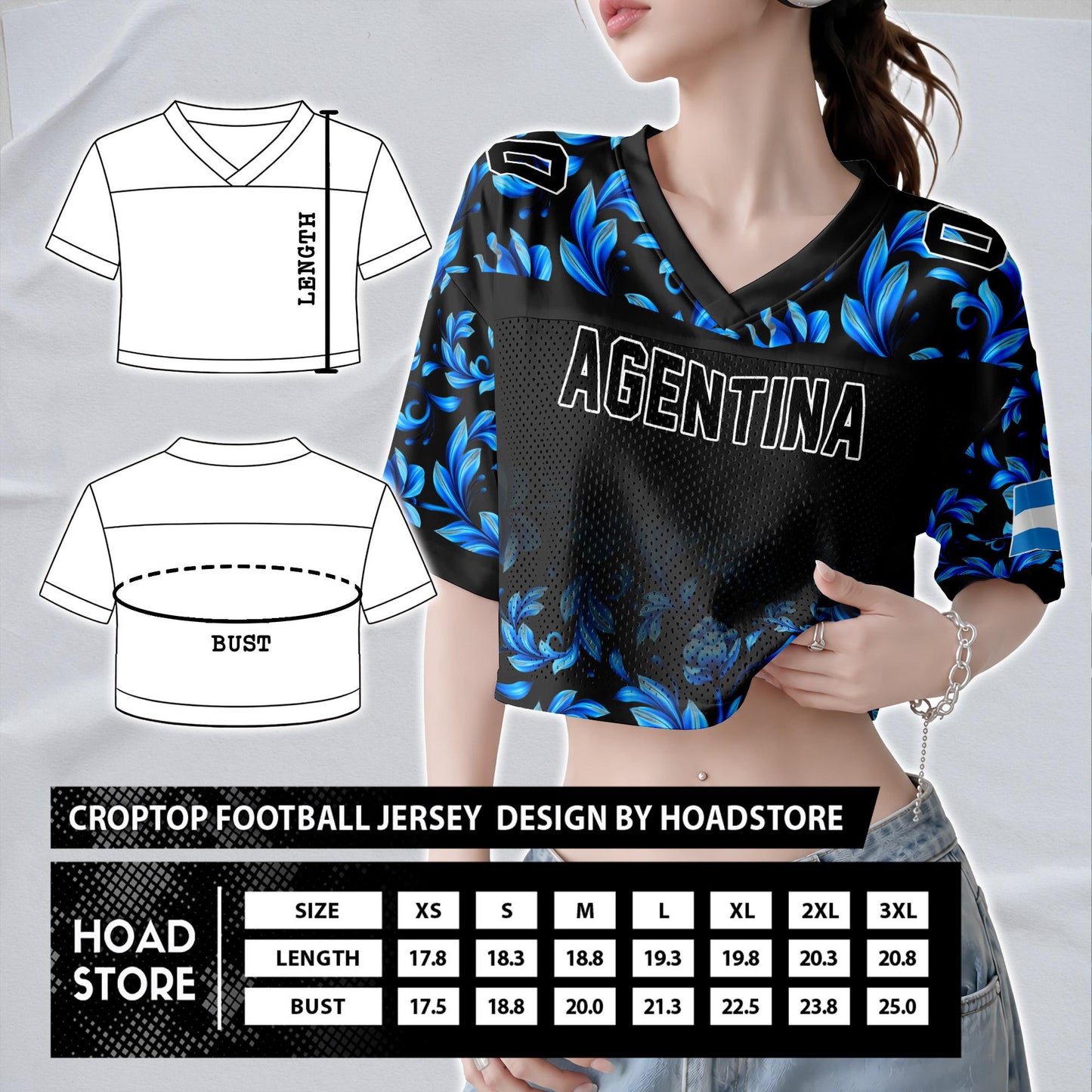 Custom Argentina Football Jersey for Women, Personalized Name Number Logo Mesh Crop Top, Blue White Soccer Jersey, Argentina Girl Shirt 2026 | YP76