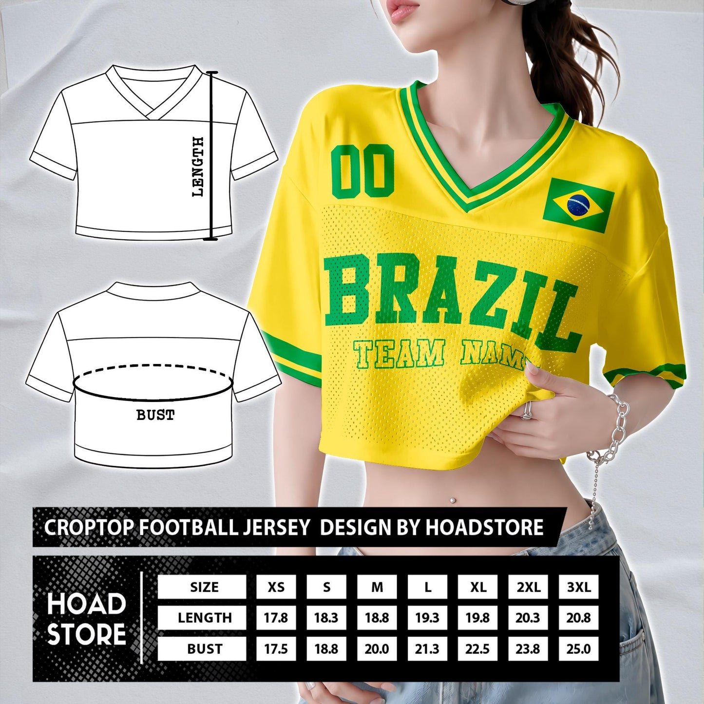 Custom Cheerleading Brasil Football Jersey for Women, Personalized Printed Name Number Mesh Crop Top,Green Yellow Soccer Jersey,Brazil Shirt | MX65
