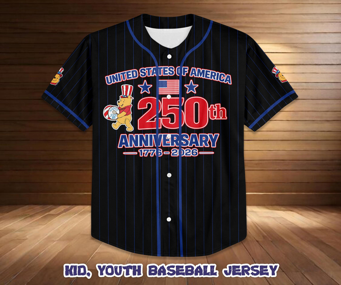 Custom Disney Winnie The Pooh America 250th Anniversary Baseball Jersey, Personalized Patriotic Shirt | WI84