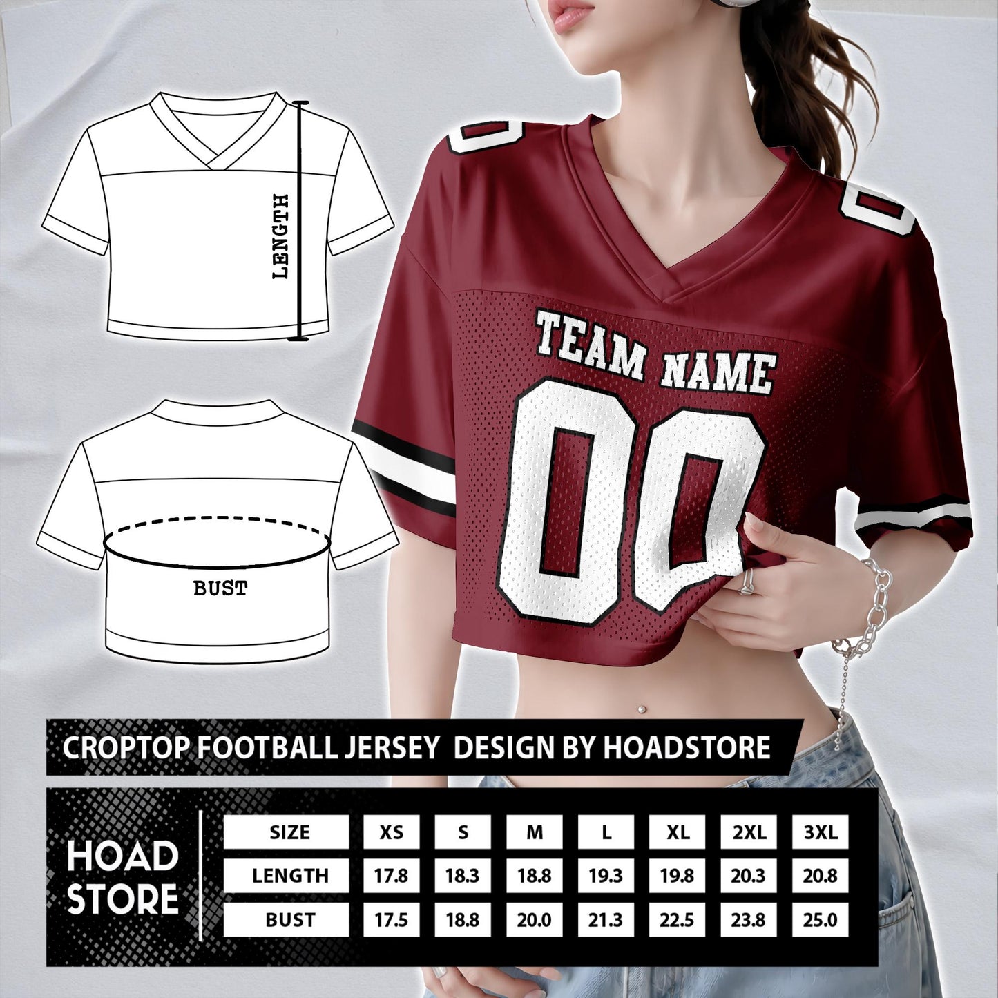 Custom Cheerleading Football Crop Top for Girls, Maroon Black White Jersey Shirt, Personalized Name Number Logo, College Game Day Outfit | DC16