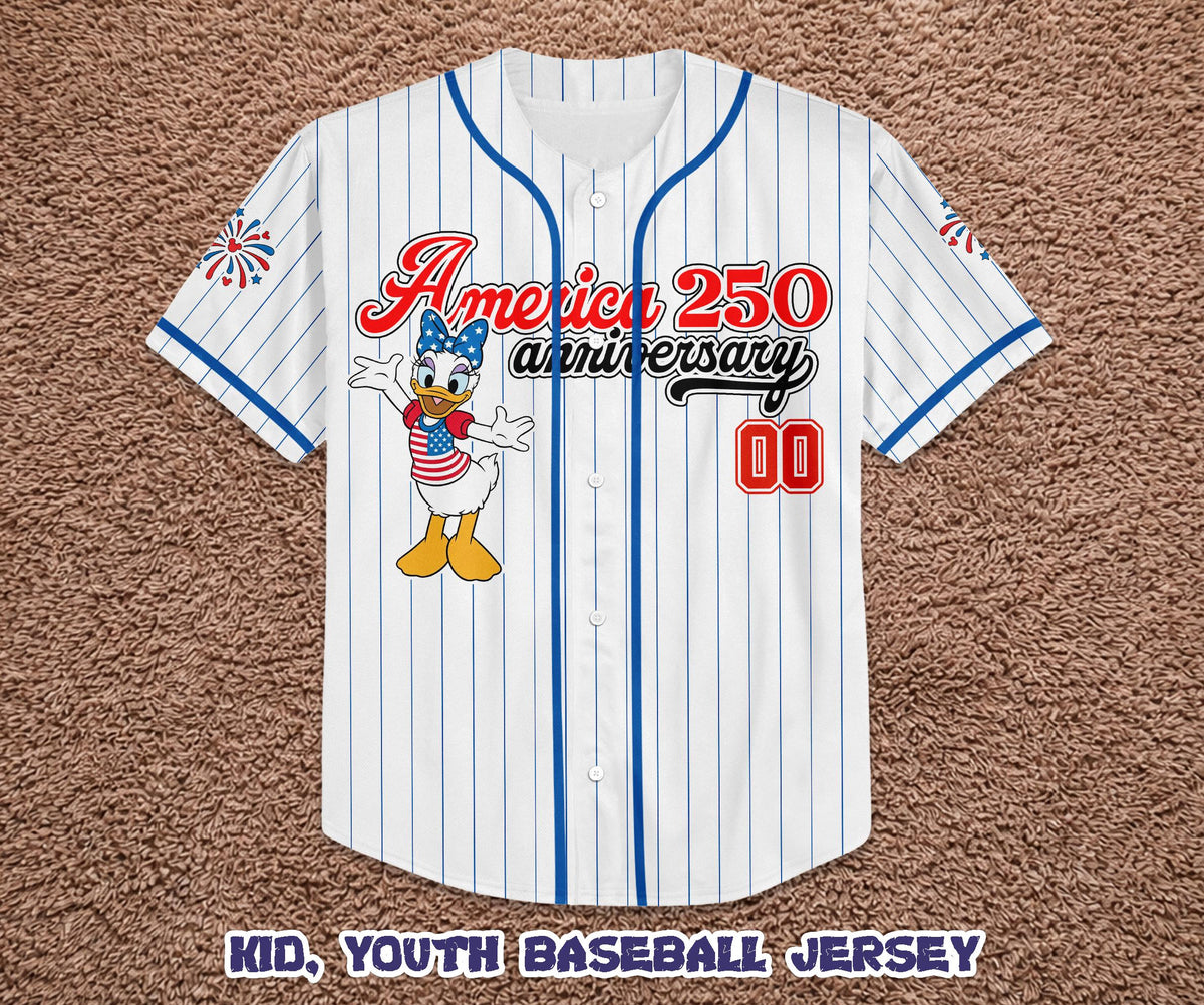 Custom America 250th Anniversary Baseball Jersey, Personalized Daisy Duck Patriotic Shirt, 4th of July Disney Family Trip Outfit | VK87