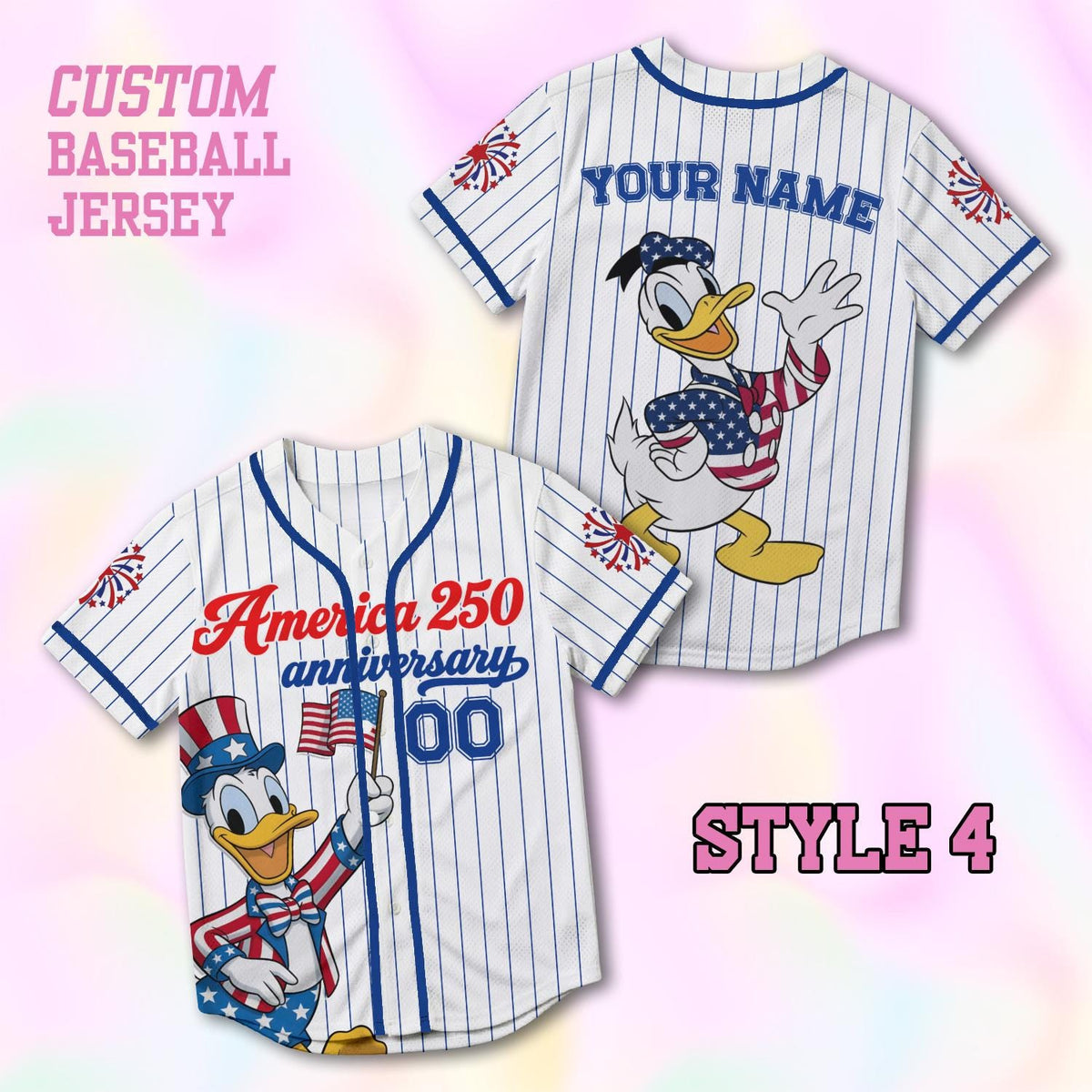 Custom Donald America 250th Anniversary Baseball Jersey, Personalized Disney 4th of July Shirt, Patriotic Duck Independence Day Gift Tee | EA22