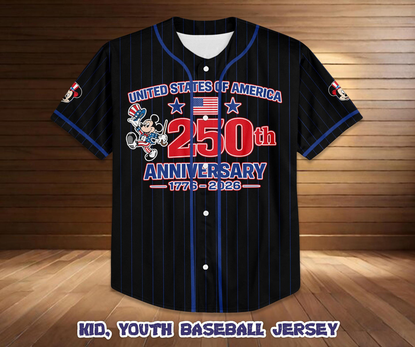 Custom Disney Mickey & Friends Baseball Jersey, 250th America Anniversary Shirt, Kid Youth Adult Patriotic Disney Game Day Jersey | EI72