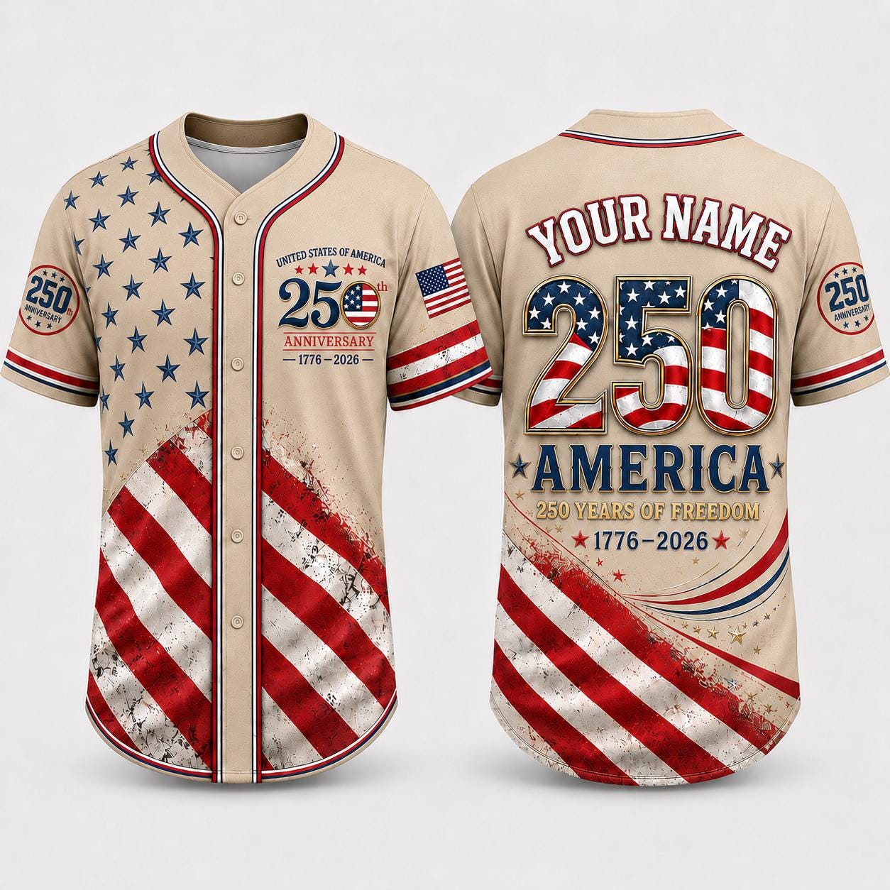 Personalized USA 250th Anniversary Baseball Jersey, Custom Name Jersey, America 1776 2026, Patriotic 4th of July, American Flag Jersey | ZC98