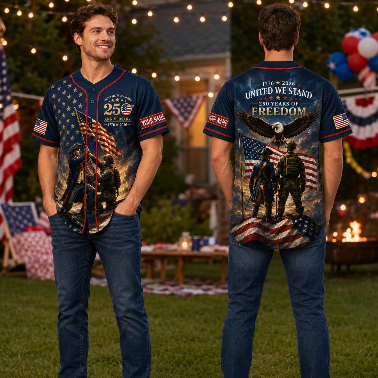 Custom Patriotic Baseball Jersey, United We Stand 250 Years of Freedom Shirt, Personalized USA Flag Eagle Jersey, 4th of July Veteran Gift | AC98