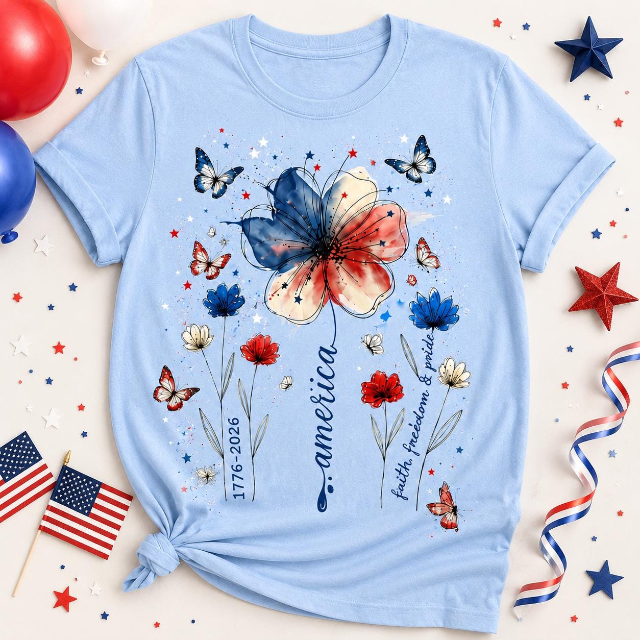 Comfort Colors America 250 Shirt, Patriotic Floral Butterfly Tee, Double Sided 4th of July Shirt, 1776 2026 Red USA Gift for Women | HB88