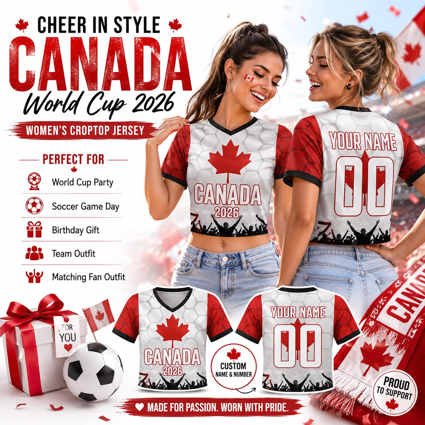 Custom Canada Crop Top Soccer Jersey 2026, Personalized Name Number World Cup Shirt for Women, Game Day Fan Gift | VC48