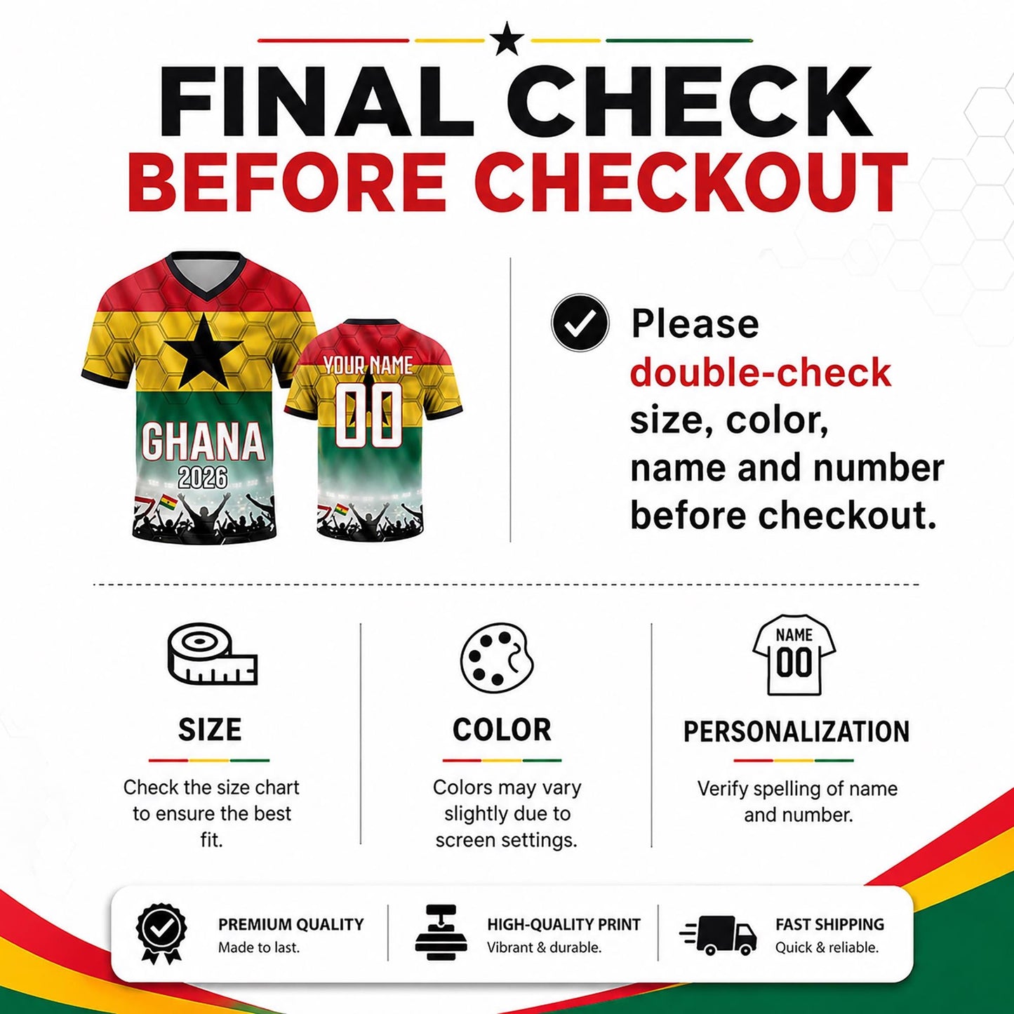 Custom Ghana Soccer Jersey 2026 World Cup, Personalized Name Number Shirt, Unisex Fan Apparel Gift | QF31