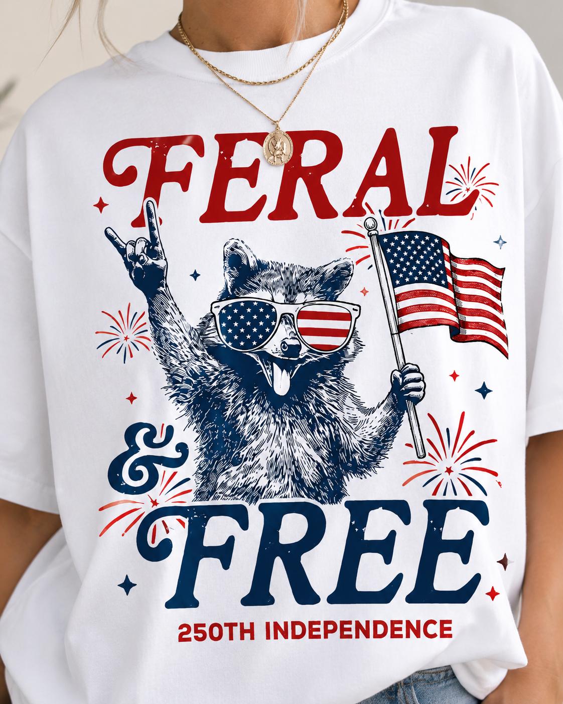Comfort Colors Feral and Free Raccoon Shirt, 250th Independence Red Patriotic USA T-Shirt for Women Mom July 4th Gift Outfit Tee | VT91