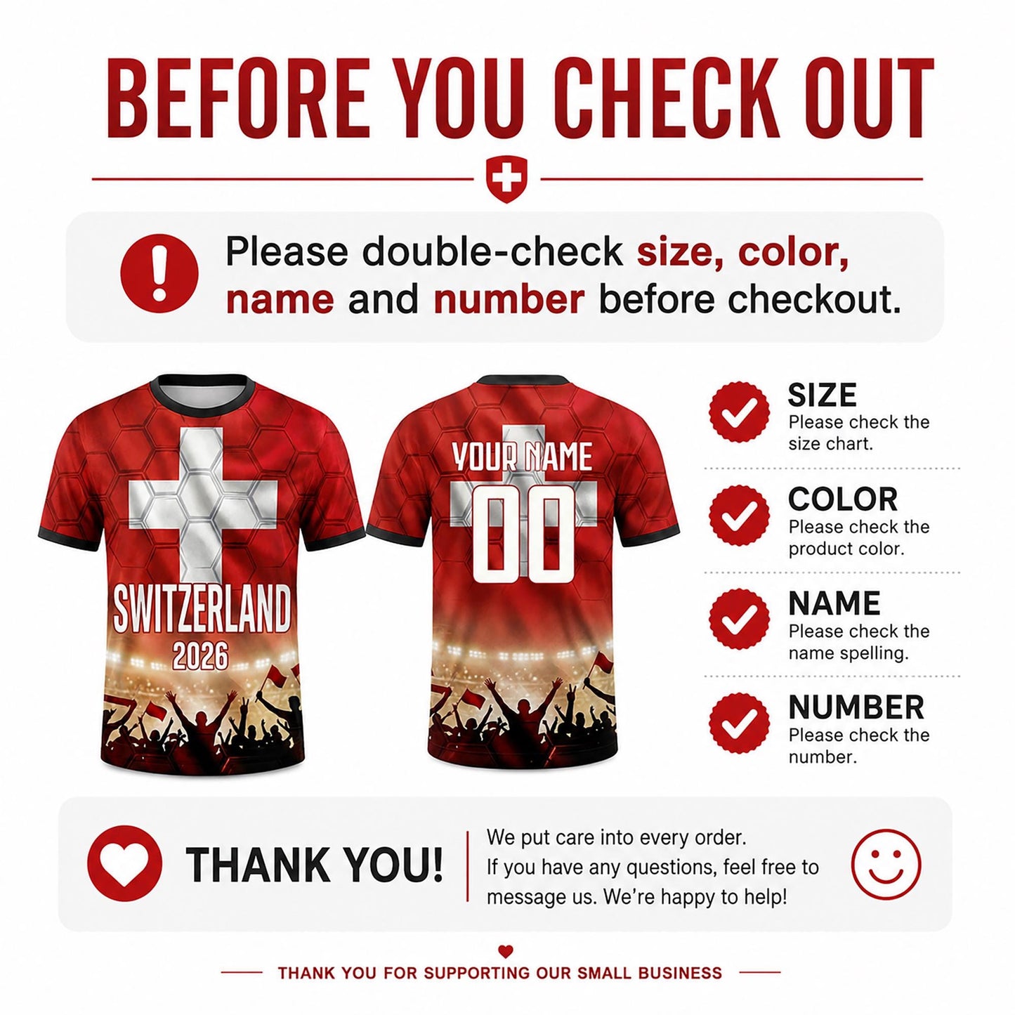 Custom Switzerland Soccer Jersey 2026 World Cup, Personalized Name Number Shirt, Unisex Fan Apparel Gift | MB37