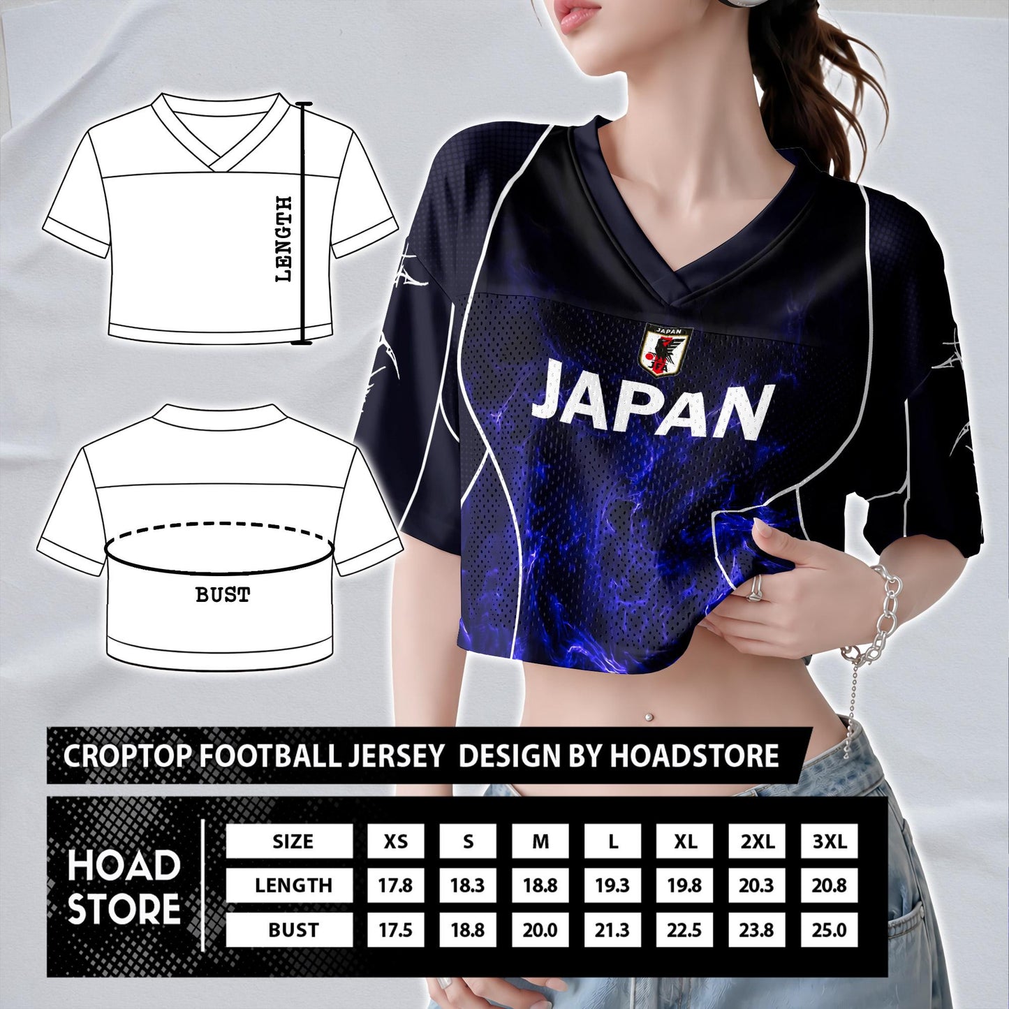 Custom Cheerleading Japan Football Jersey for Women, Personalized Printed Name Number Mesh Crop Top, Black Navy Soccer Jersey, Soccer Shirt | TP78