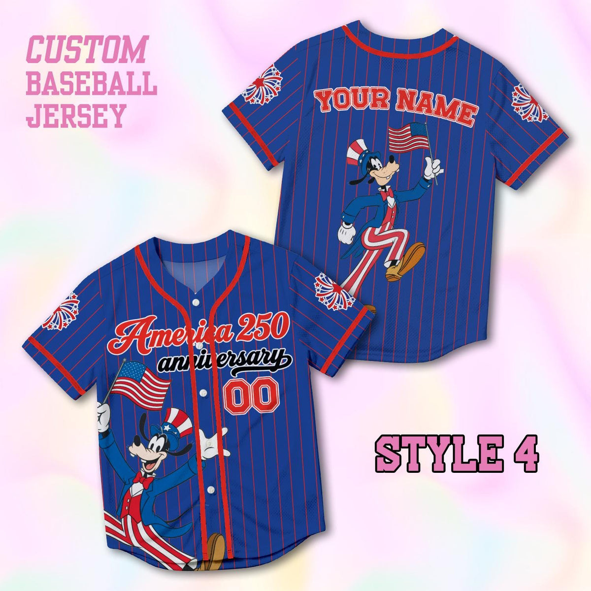 Custom Goofy America 250th Anniversary Baseball Jersey, Personalized Disney 4th of July Shirt, Patriotic Dog Independence Day Gift Tee | GY53