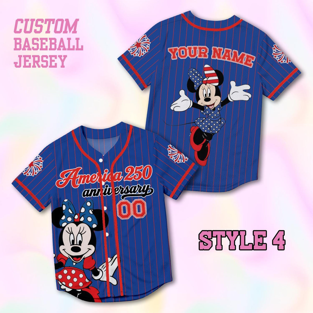 Custom Minnie America 250th Anniversary Baseball Jersey, Personalized Disney 4th of July Shirt, Patriotic Mouse Independence Day Gift Tee | WL27