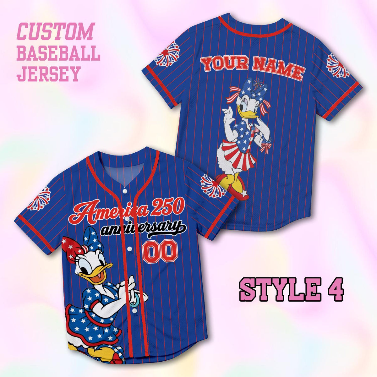 Custom Daisy America 250th Anniversary Baseball Jersey, Personalized Disney 4th of July Shirt, Patriotic Duck Independence Day Gift Tee | QV27