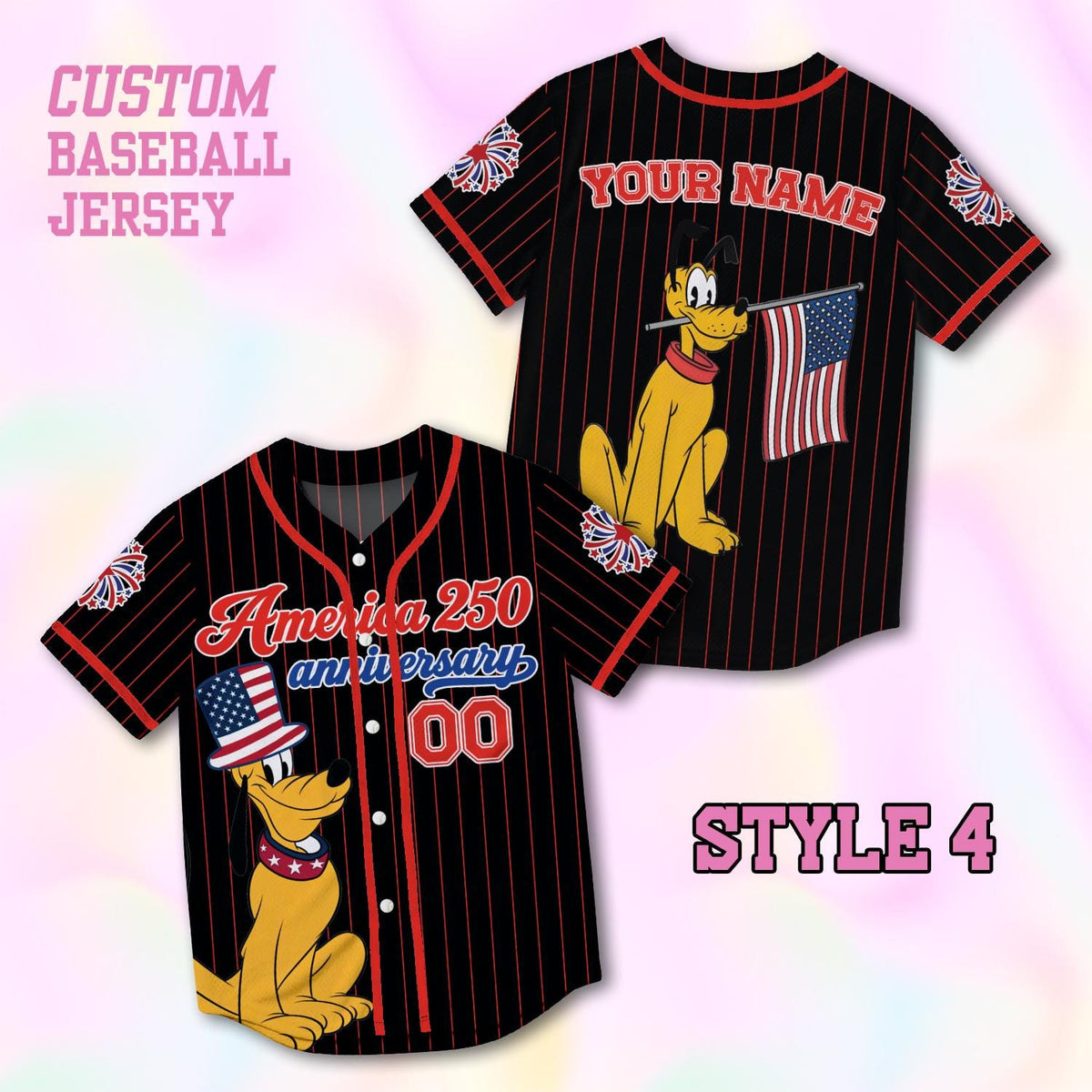 Custom Pluto America 250th Anniversary Baseball Jersey, Personalized Disney 4th of July Shirt, Patriotic Dog Independence Day Gift Tee | MP81