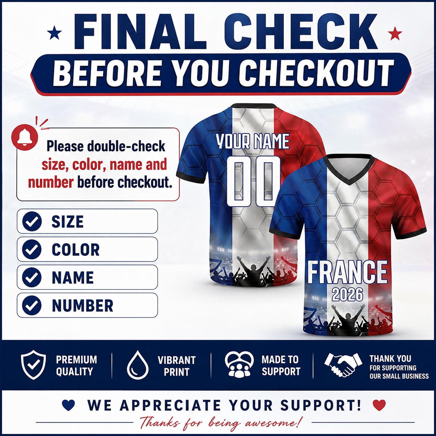Custom France Soccer Jersey 2026 World Cup, Personalized Name Number Shirt for Men Women Kids, France Fan Apparel Gift | GM99