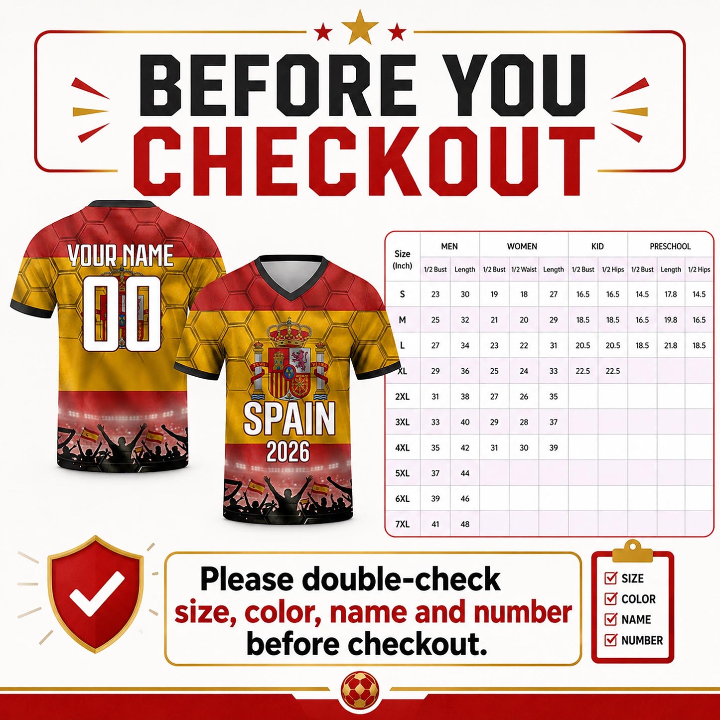 Custom Spain Soccer Jersey 2026 World Cup, Personalized Name Number Shirt for Men Women Kids, Spain Fan Apparel Gift | OP68