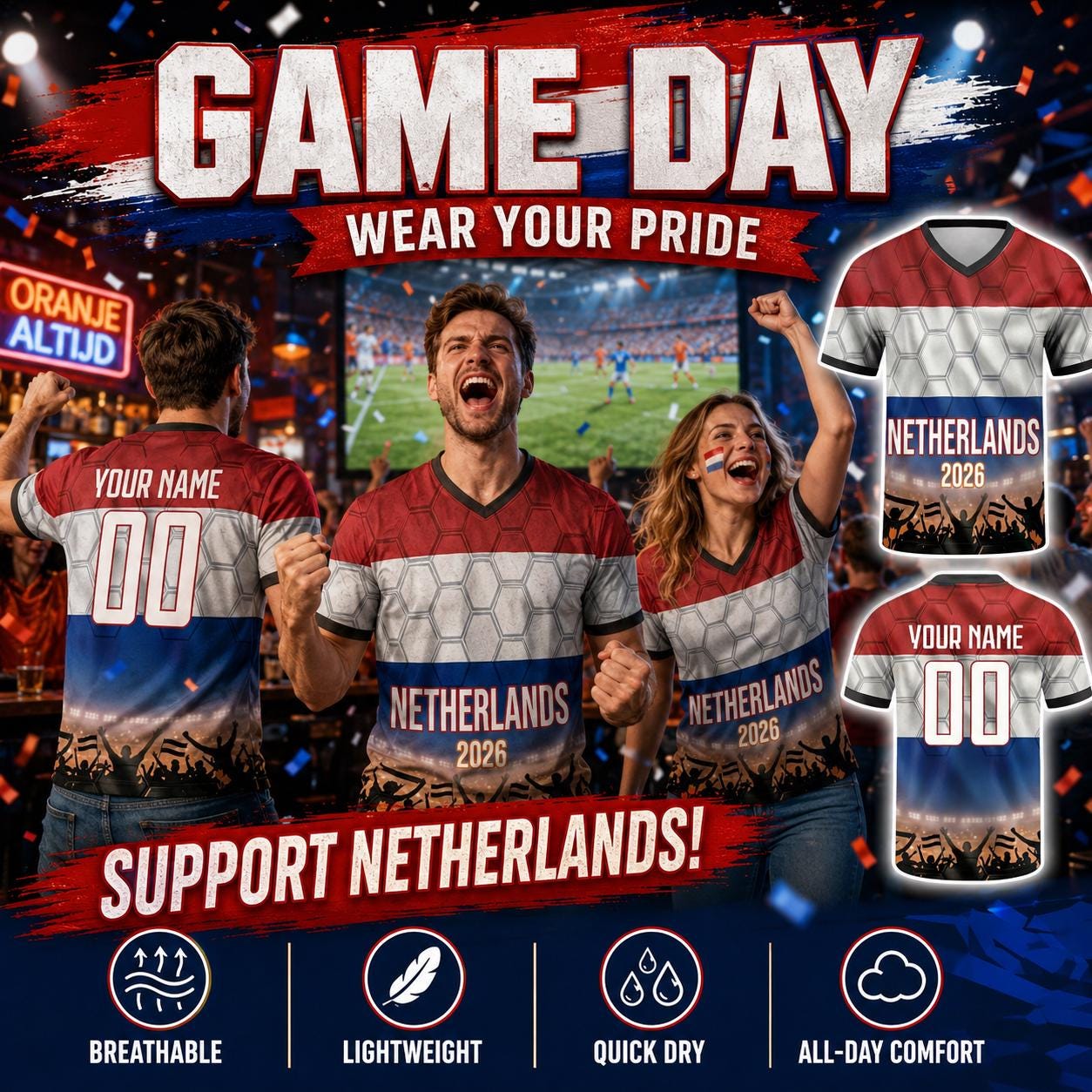 Custom Netherlands Soccer Jersey 2026 World Cup, Personalized Name Number Shirt for Men Women Kids, Netherlands Fan Apparel Gift | XN88