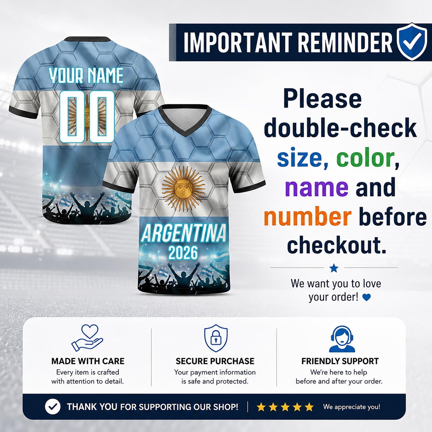 Custom Argentina Soccer Jersey 2026 World Cup, Personalized Name Number Shirt for Men Women Kids, Argentina Fan Apparel Gift | AR44