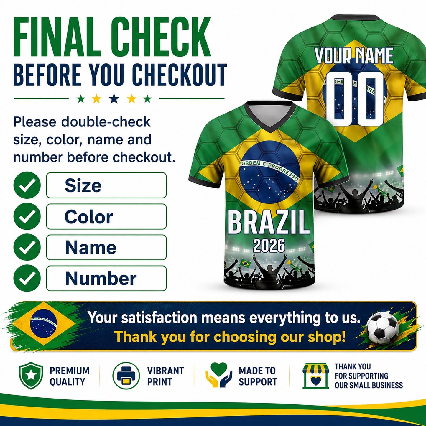 Custom Brazil Soccer Jersey 2026 World Cup, Personalized Name Number Shirt for Men Women Kids, Brazil Fan Apparel Gift | BX91