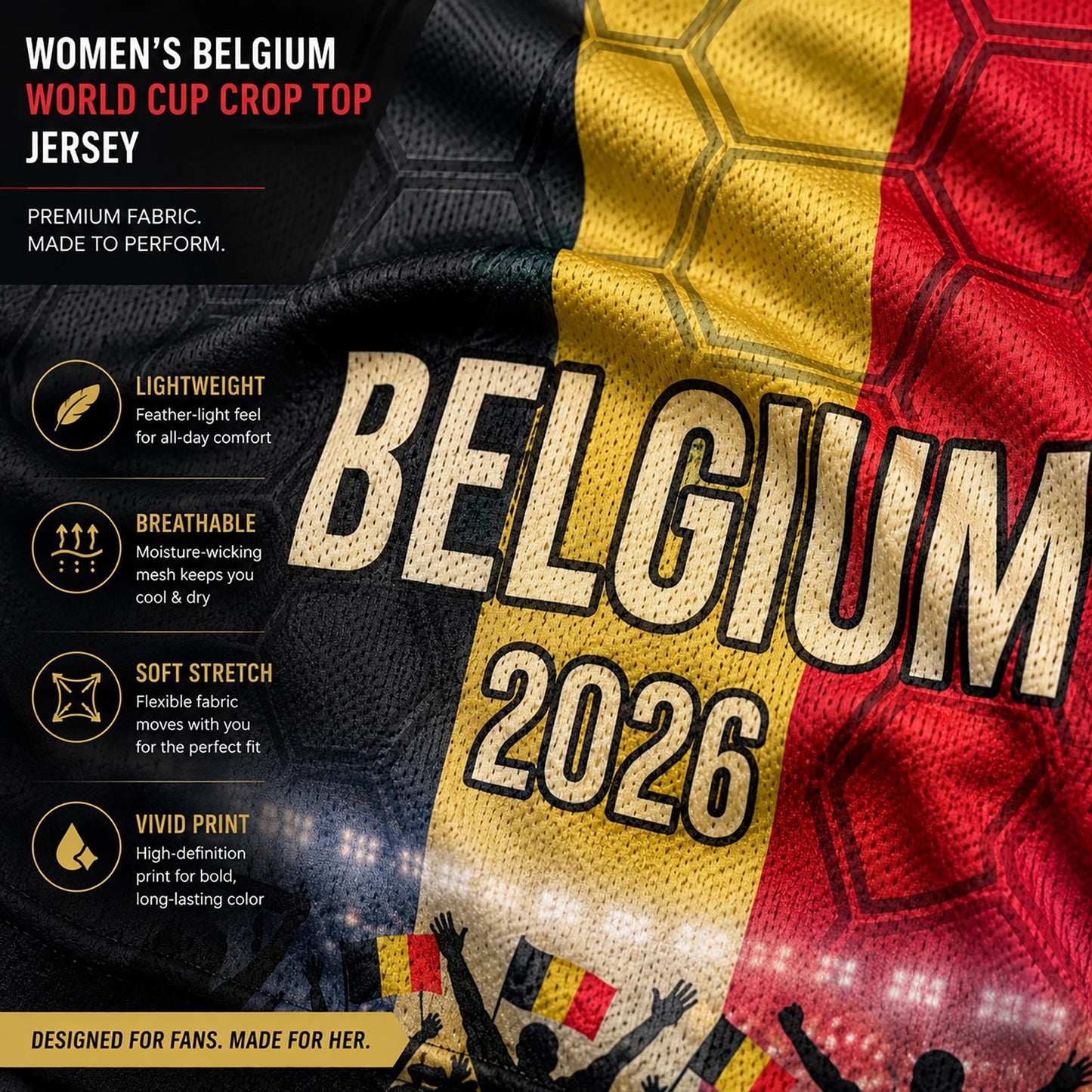 Custom Belgium Crop Top Soccer Jersey 2026, Personalized Name Number World Cup Shirt for Women, Game Day Fan Gift | VP68