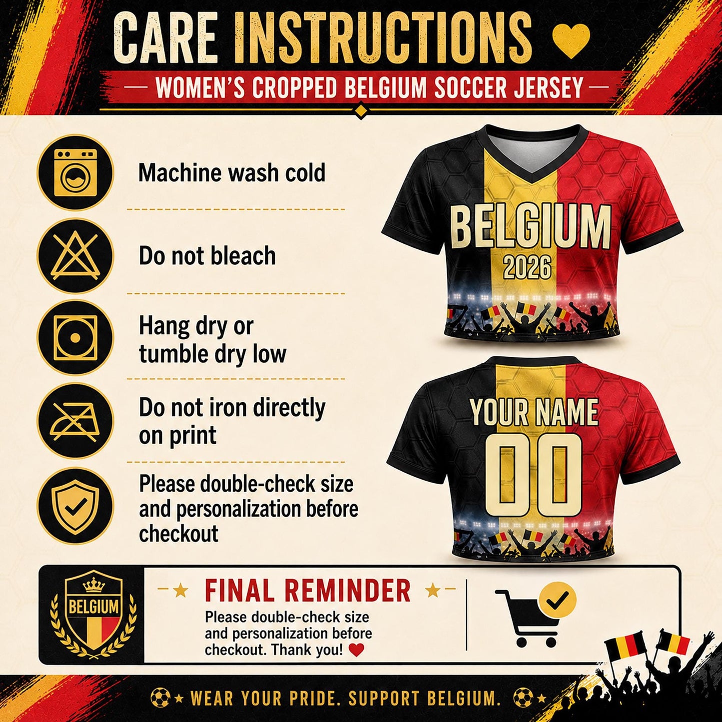 Custom Belgium Crop Top Soccer Jersey 2026, Personalized Name Number World Cup Shirt for Women, Game Day Fan Gift | VP68