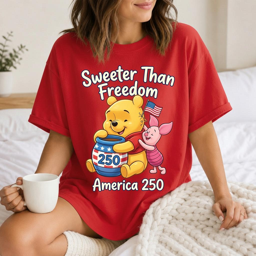 Comfort Colors Winnie the Pooh America 250 Shirt, Disney Pooh Piglet Sweeter Than Freedom Blue T-Shirt for Women Mom Patriotic Gift Tee | QX94