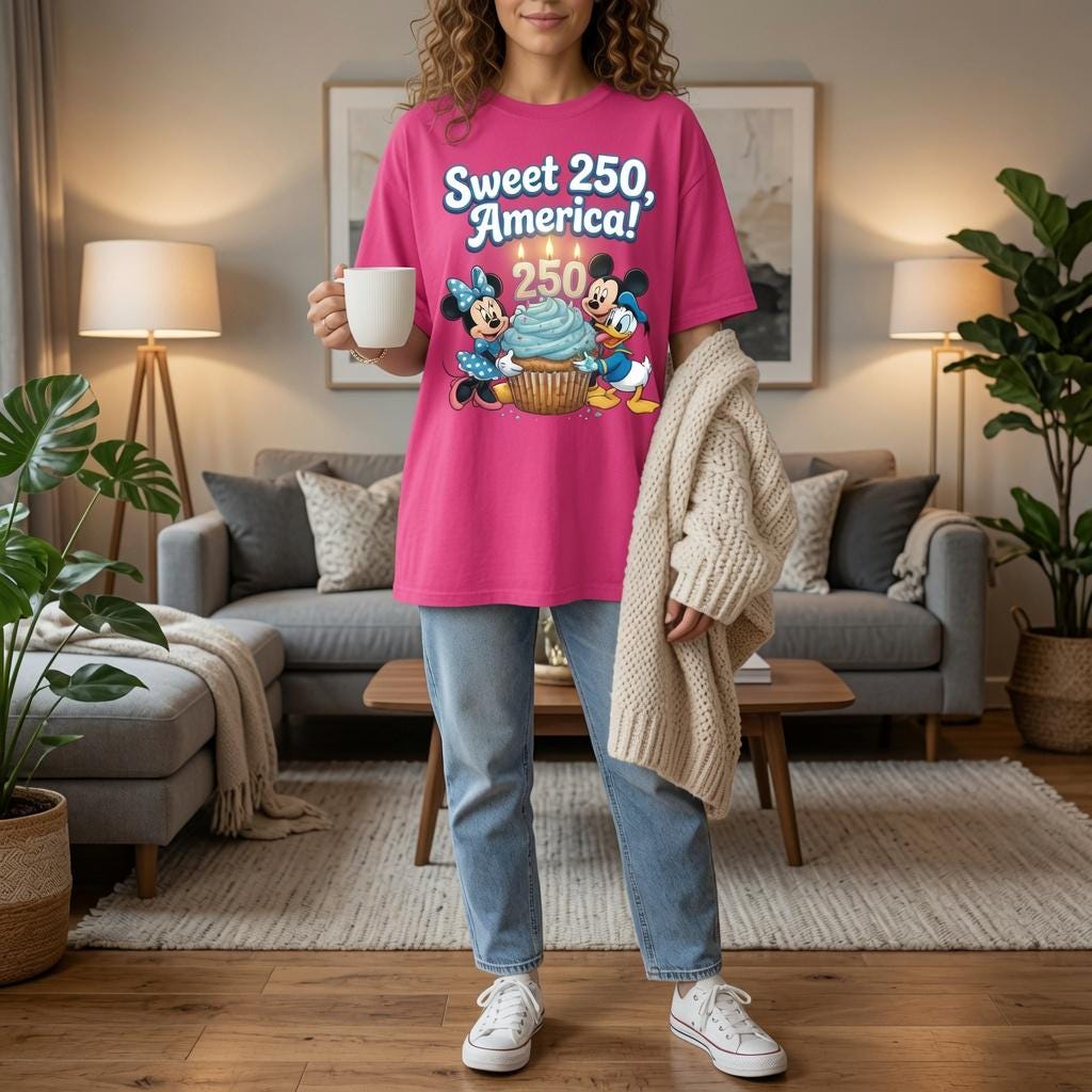 Comfort Colors Disney Sweet 250 America Shirt, Disney Mickey Minnie Donald Birthday Tee, White Cupcake T-Shirt for Women Mom Patriotic Gift | ZW64