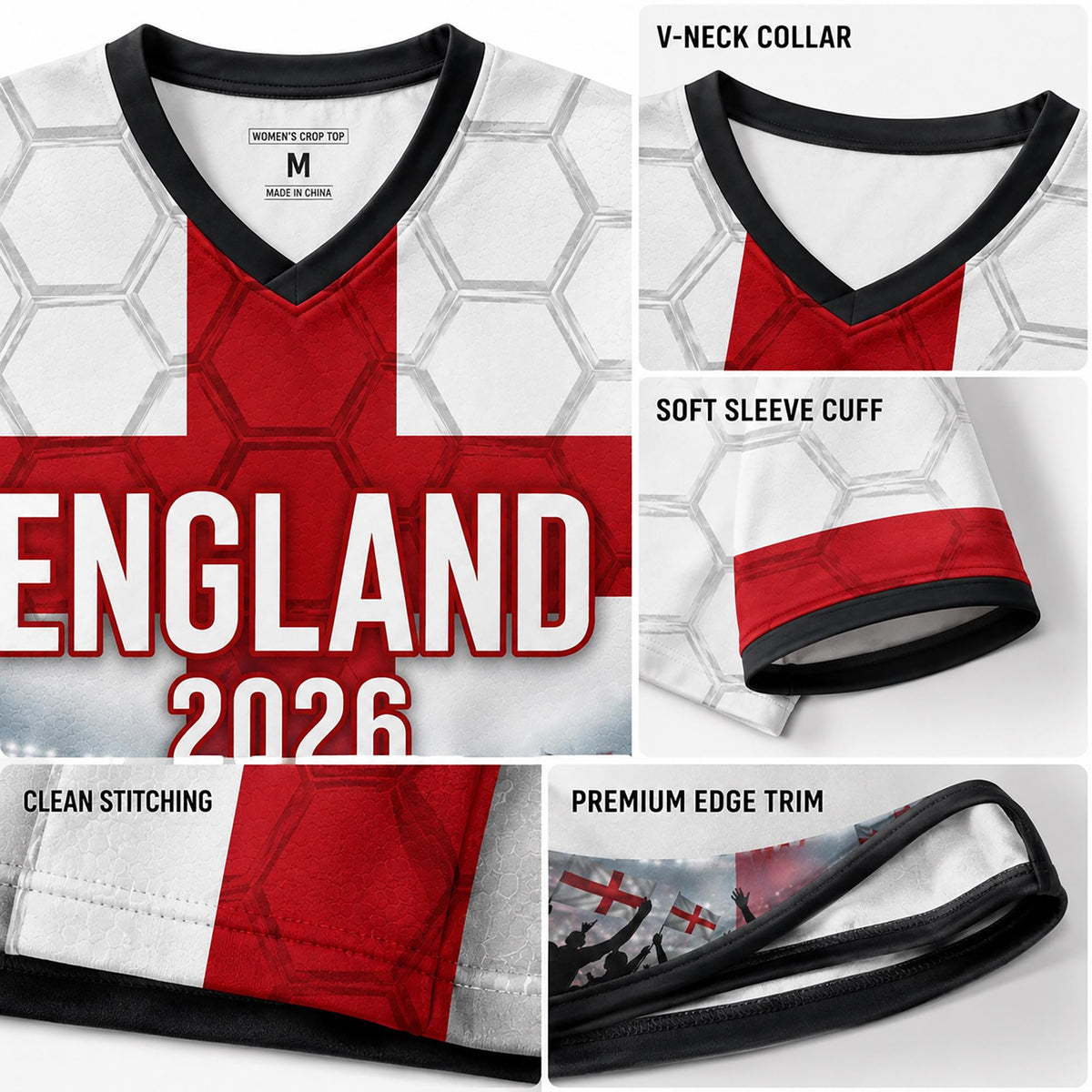 Custom England Crop Top Soccer Jersey 2026, Personalized Name Number World Cup Shirt for Women, Game Day Fan Gift | FZ26