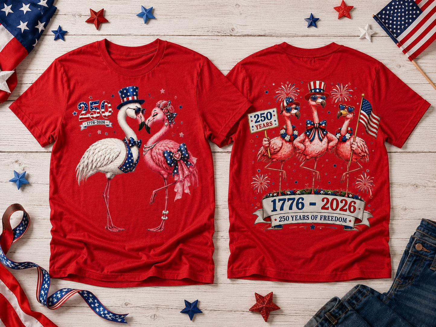 Comfort Colors America 250 Flamingo Shirt, 1776 2026 Patriotic Red T-Shirt, Front Back Graphic Tee for Women July 4th Gift Outfit Tee | IS12