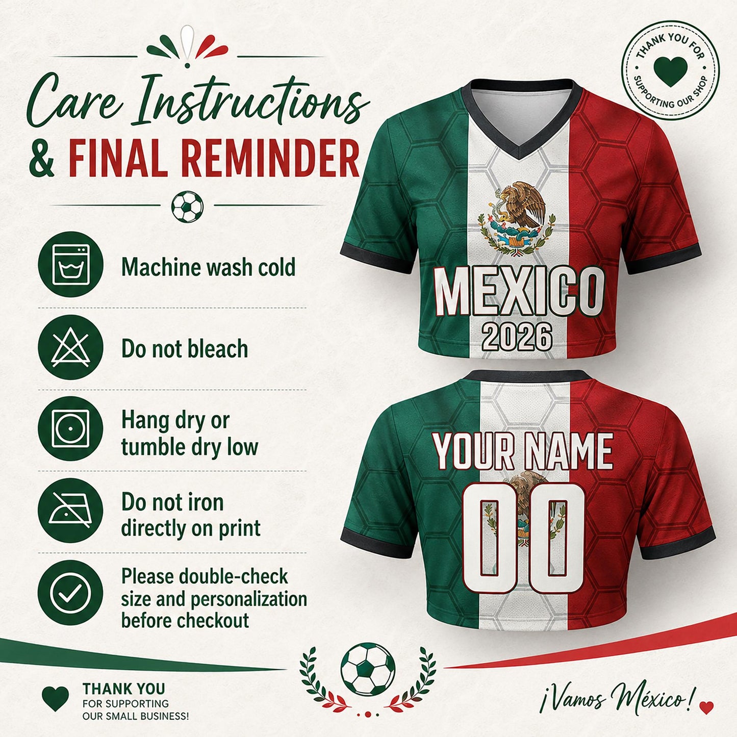Custom Mexico Crop Top Soccer Jersey 2026, Personalized Name Number World Cup Shirt for Women, Game Day Fan Gift | GA58