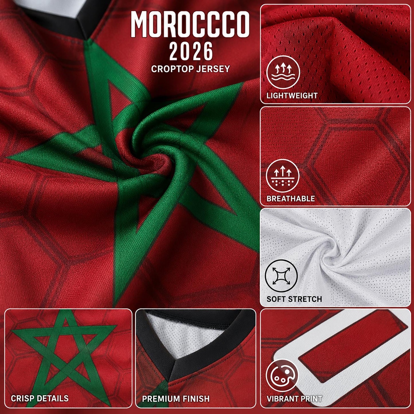 Custom Morocco Crop Top Soccer Jersey 2026, Personalized Name Number World Cup Shirt for Women, Game Day Fan Gift | PC54