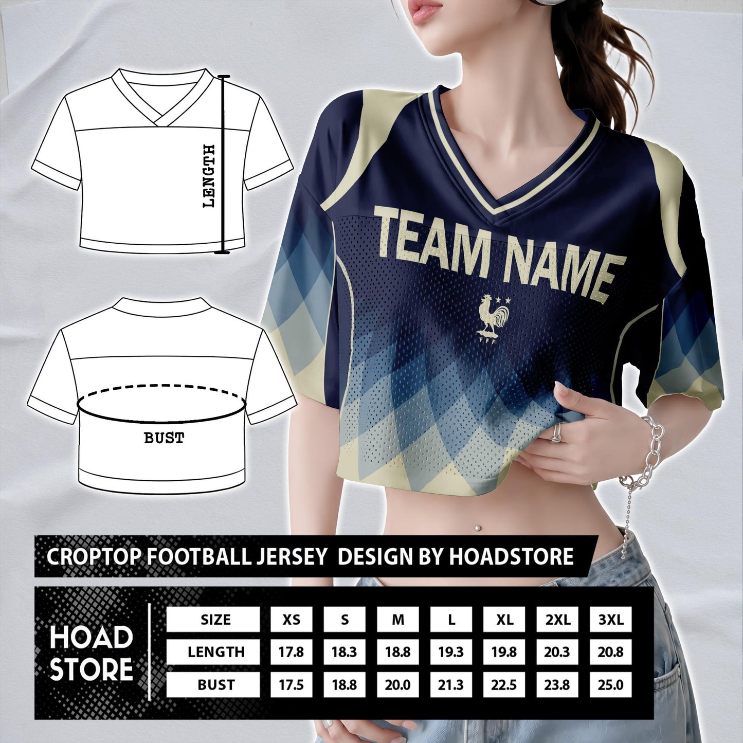 Custom Cheerleading France Football Jersey for Women, Personalized Printed Name Number Mesh Crop Top, White Navy Soccer Jersey,France Shirt | EA51
