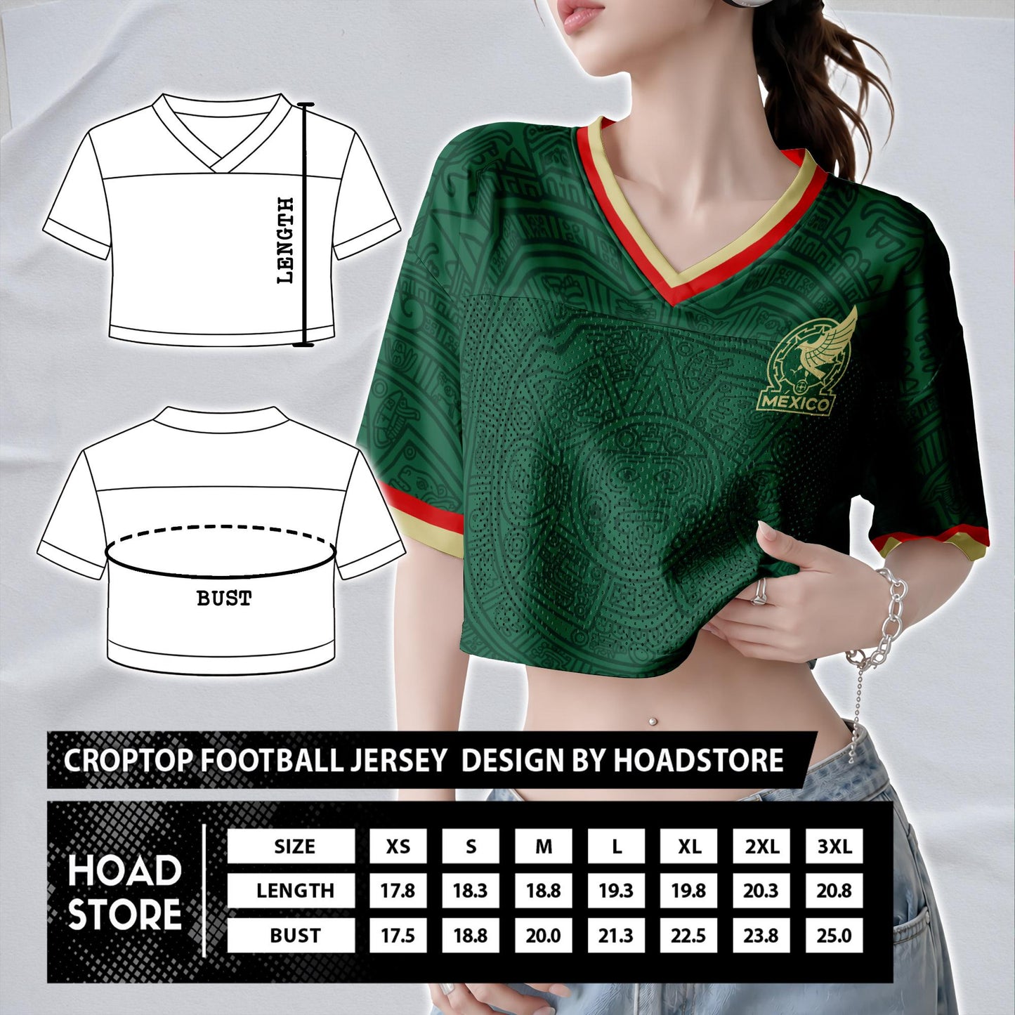 Custom Mexico Football Jersey for Women, Personalized Glitter Printed Name Number Mesh Crop Top, Green White Soccer Jersey, Mexican Shirt | CU87