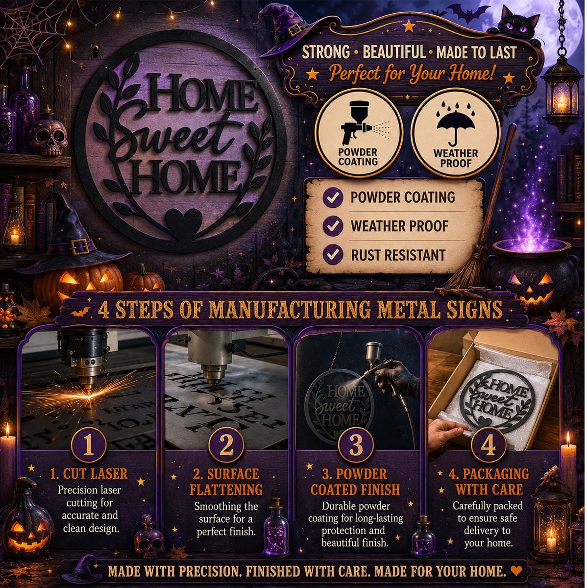 Personalized Halloween Wizard Hat Metal Sign | Custom Family Name Hogwarts Inspired Wall Decor | Witch Hat, Castle & Raven Steel Sign
