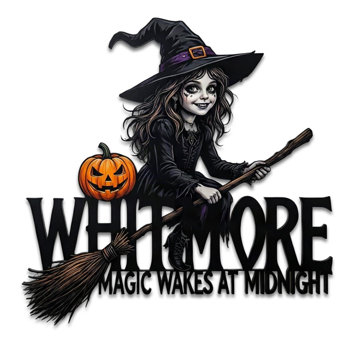 Witch Metal Sign| Custom Halloween Family Name Wall Decor| Magic Wakes At Midnight Plaque| UV Printed Black Powder Coated Mild Steel Sign