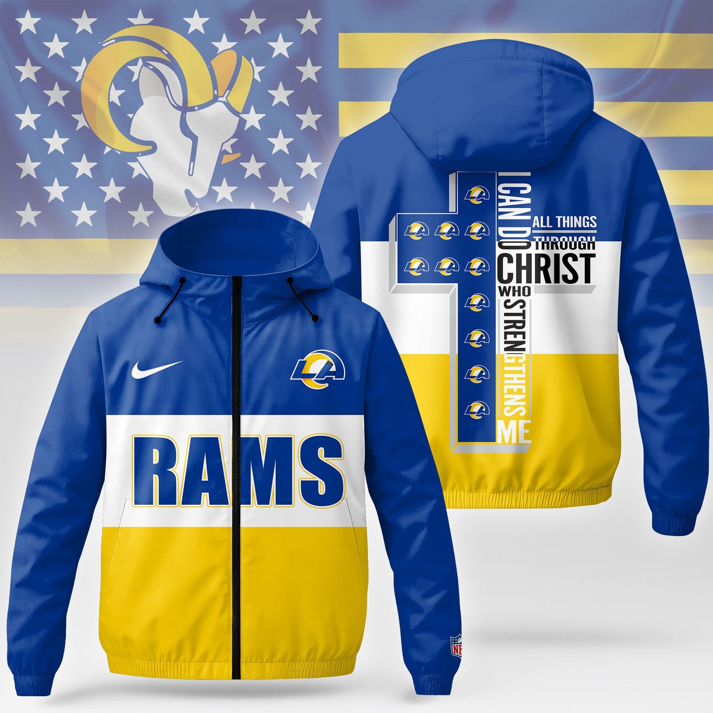 Los Angeles Rams | Premium NFL Strength Through Christ Windbreaker Jacket NTH1 | YY10