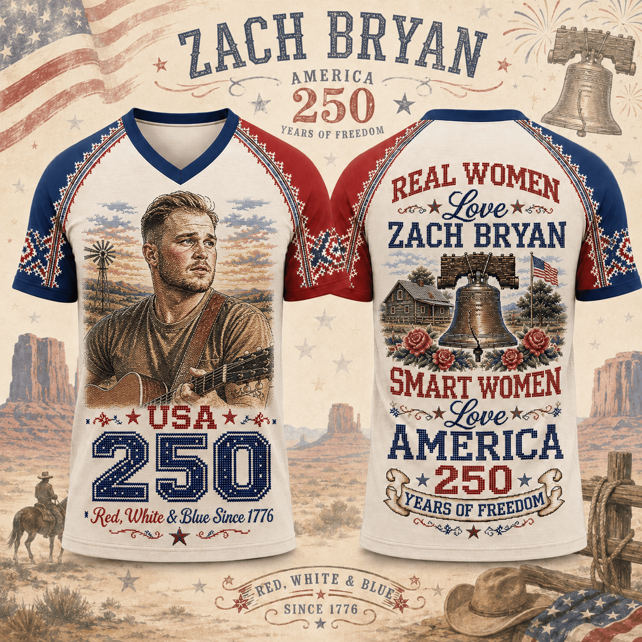 ZBR Premium Celebrate 250 Year of American Vintage style V Neck Shirt BK | HA82