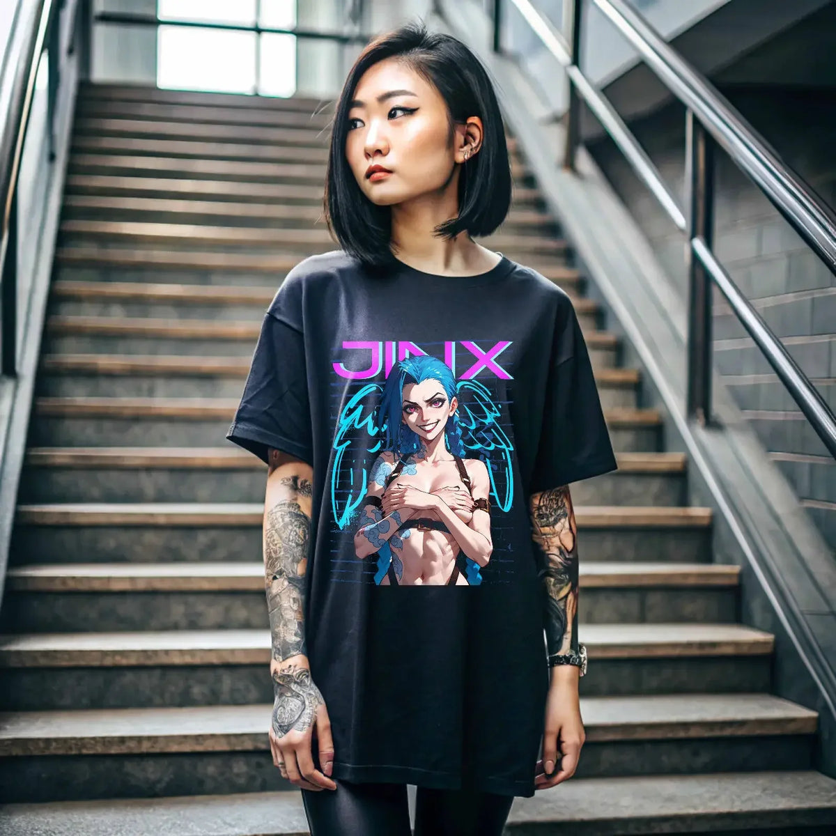 Jinx Arcane T-Shirt Japanese Anime Cartoon Jinx Arcane Graphic Shirt Waifu 102