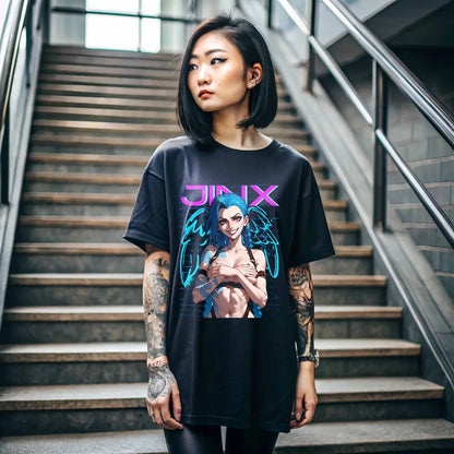 Jinx Arcane T-Shirt Japanese Anime Cartoon Jinx Arcane Graphic Shirt Waifu 102