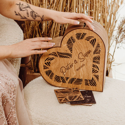 Personalized Heart Wedding Card Box: Rustic Wooden Gift