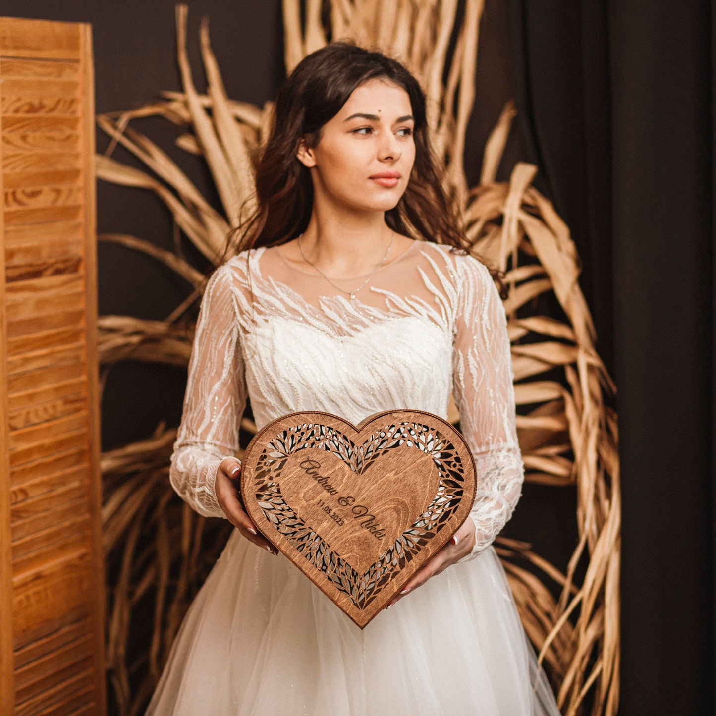 Rustic Heart Wedding Card Box: Engraved Wooden Keepsake
